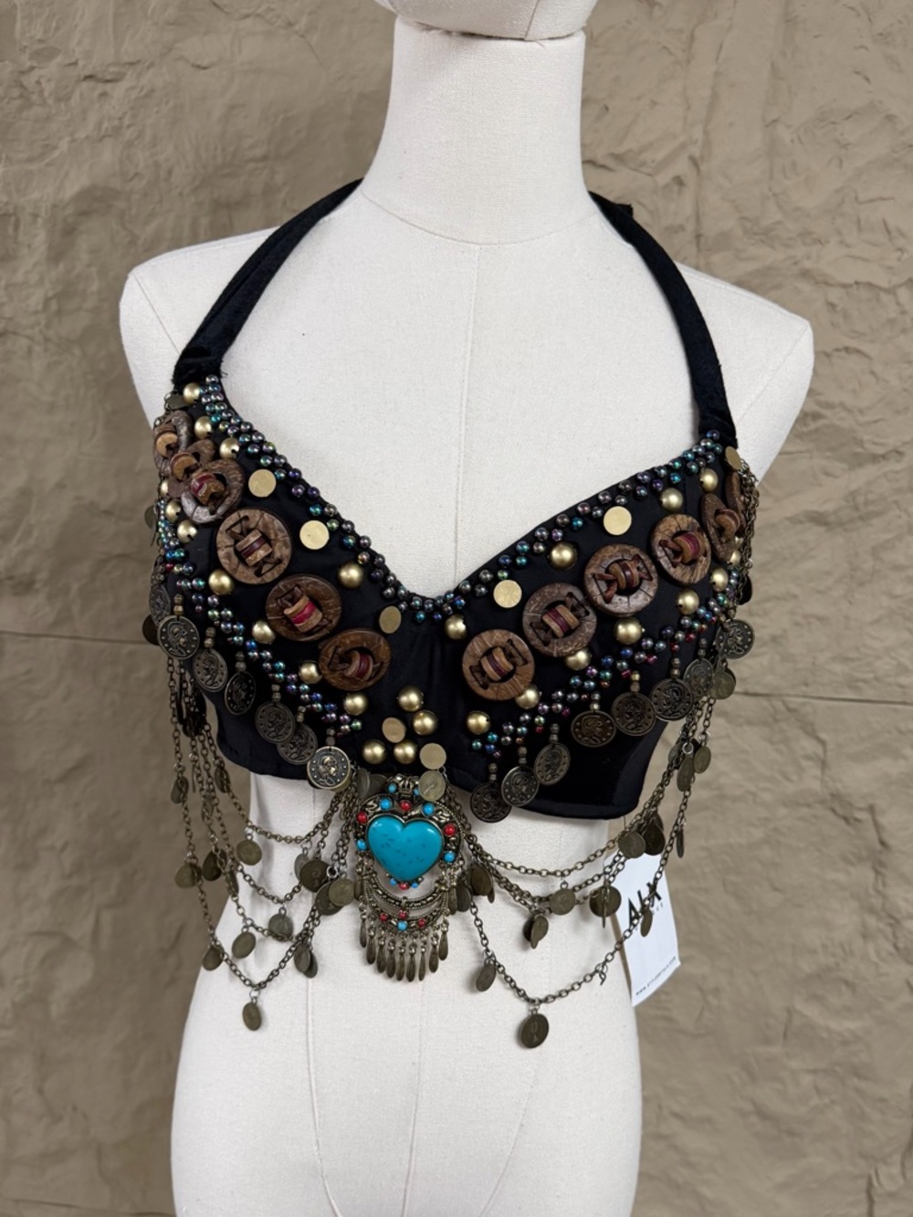 Coachella Beaded Tribal Belly Dance Bra with Turquoise Heart Accent - Black - Picture 2 of 7